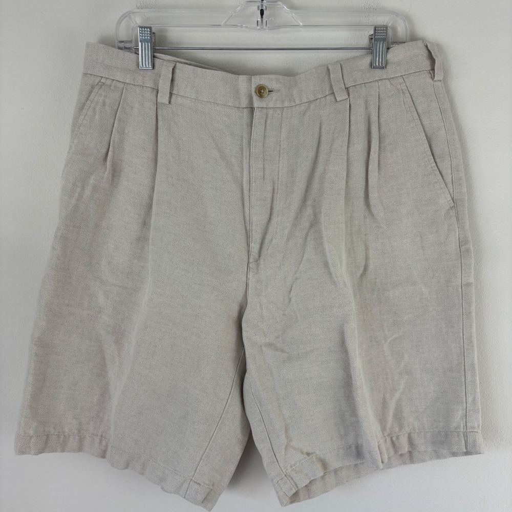 Caribbean Men Beige Herringbone Linen Cotton Pleated Shorts Size 36